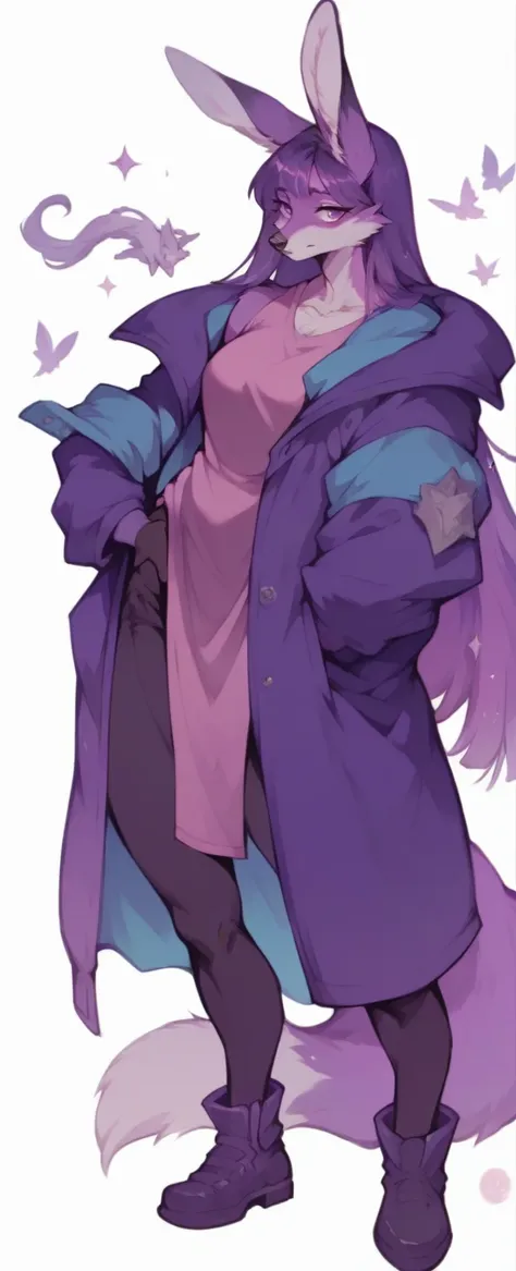 a purple fox anthro furry purple fox with rabbit ears,long purple jacket,very detailed,highly detailed,beautiful intricate desig...