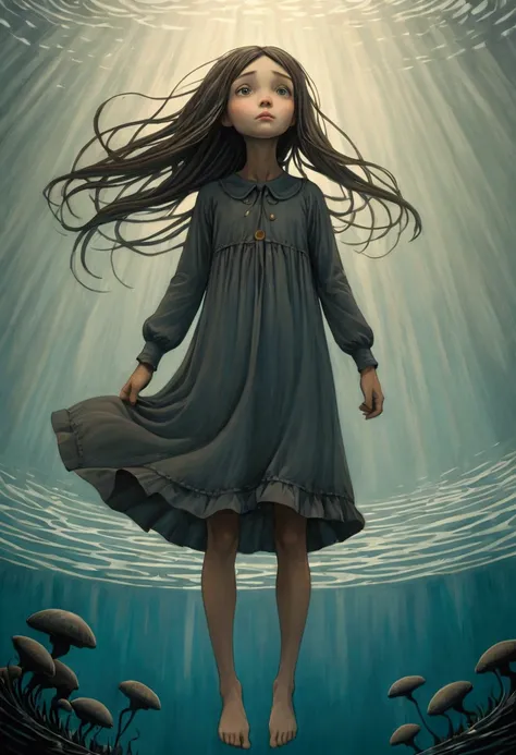 ((Inspired by John Kenn Mortensen)), Low Angle Shot, Looking from the bottom up, absurd, high resolution, Extremely detailed, (1 Girl:1.3), Hand Painted, Simple lines, Standing in the water, Flowing hair