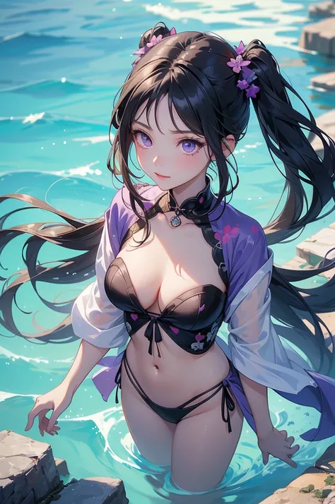 ((best quality)), ((masterpiece)), ((detailed)), ((1girl)), Kimetsu no yaiba screenshot of a girl in charming bikini outfit, a character portrait including heart shape face, dark purple eyes, straight dark black long hair, untie dark black long hair, two r...