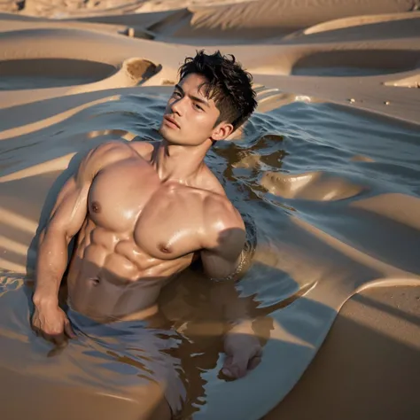 photorealistic,shirtless muscular man, wet body for highlights , struggles to escape quicksand 