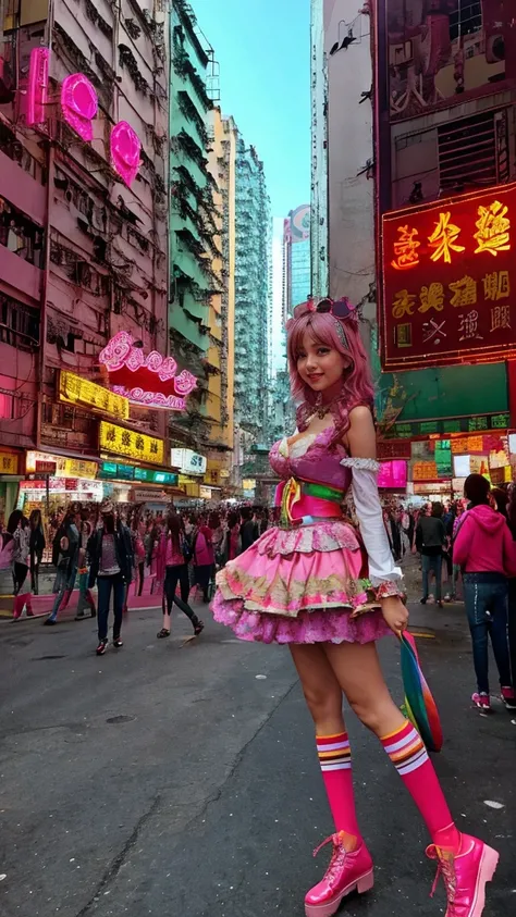 hong kong, day, ( low angle , view from below, low angle shot, separate the legs ) (Awkward,blush :1.3), Alafi girls take photos in colorful clothes and apart the legs, y 2 k cutecore crowncore, Lovely Decora Rainbow Core, Lovely high quality rendering, Ca...