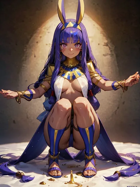 Nitocris,Nitocris(Fate), 1 girl, ,peeing, squatting, hands on knees, Naked girls peeing,1 girl,alone,Spread your legs, Embarrassing, blush,Pee, Full body painting, Highest quality,((Highest quality)),((Tabletop)),((Perfect Face)),1 girl,smile,beauty,((Holo...