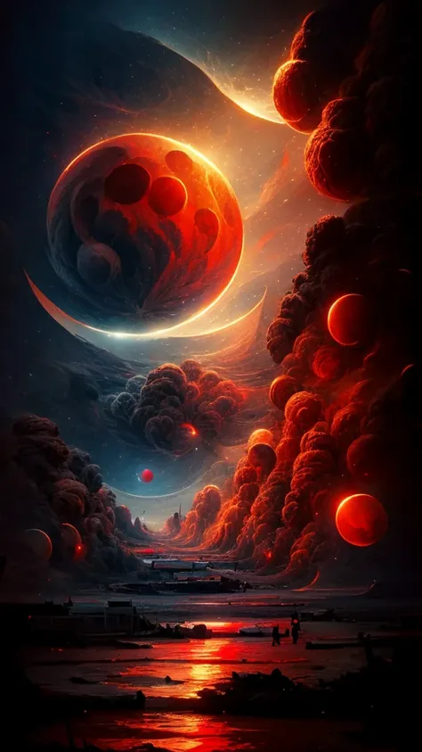 Night cityscape, big red moon and person sitting by the window, sci-fi art style