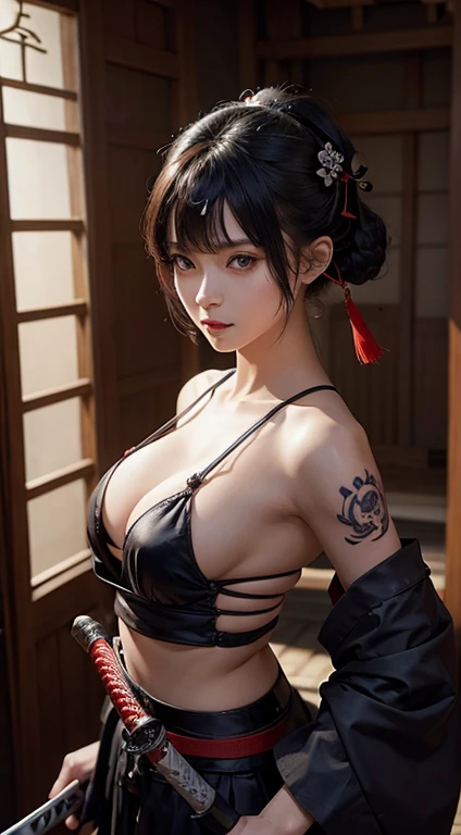 (Japanese sword &References;Muramasa 2&References;.0)Beautiful and cute woman、Tie your hair back、Hair ornament artist、Warrior、Clear eyes、Arm tattoo、warrior、