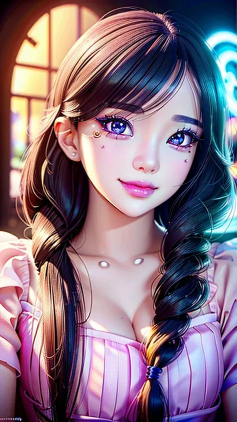 a cute girl with a funny face, beautiful detailed eyes, beautiful detailed lips, extremely detailed eyes and face, long eyelashes, colorful makeup, vibrant hair, (best quality,4k,8k,highres,masterpiece:1.2),ultra-detailed,(realistic,photorealistic,photo-re...