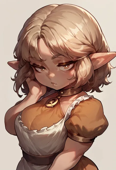 Shortstack, gnome fantasy race, elf like ears, Dark brown styled up hair, wearing clercal dress, upper body portrait, voluptuous body, Girl facing viewer, light brown eyes, 