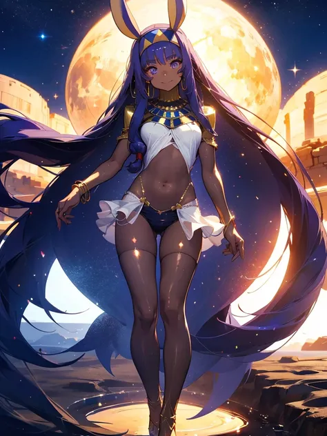 Nitocris,Nitocris(Fate), 1 girl, Wearing a white school swimsuit, Full body painting, Highest quality,((Highest quality)),((Tabletop)),((Perfect Face)),1 girl,smile,beauty,((Holographic)), (Desolate desert background) (Beautiful attention to detail: 1.2), ...