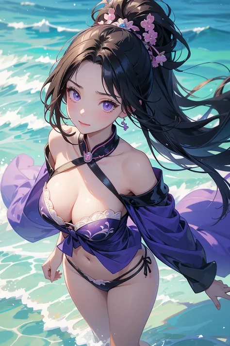 ((best quality)), ((masterpiece)), ((detailed)), ((1girl)), Kimetsu no yaiba screenshot of a girl in charming bikini outfit, a character portrait including heart shape face, dark purple eyes, straight dark black long hair, untie dark black long hair, two r...