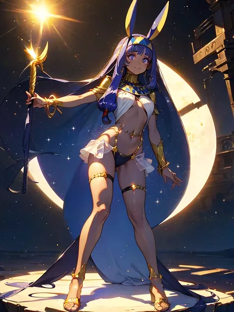 Nitocris,Nitocris(Fate), 1 girl, Wearing a white school swimsuit, Full body painting, Highest quality,((Highest quality)),((Tabletop)),((Perfect Face)),1 girl,smile,beauty,((Holographic)), (Desolate desert background) (Beautiful attention to detail: 1.2), ...