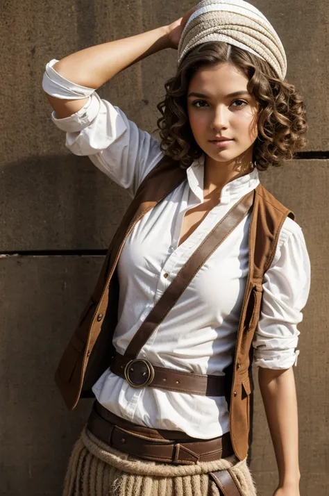 Generate a girl with short light brown curly hair, in wide Cossack pants, white bro show shirt and vest, she has a bandage on her head