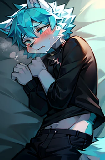 Cyan male furry wolf with white fur, sad crying, wearing a black blouse and black pants 