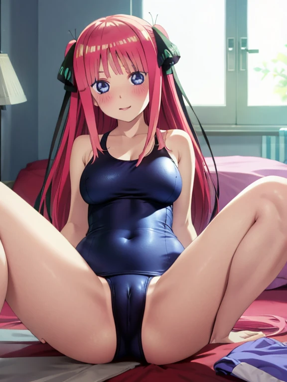 best quality, insanely detailed, nino nakano, breasts, blush, bedroom background, looking at viewer, pussy, one-piece swimsuit, cheerful eye, Gymnastics leg spread