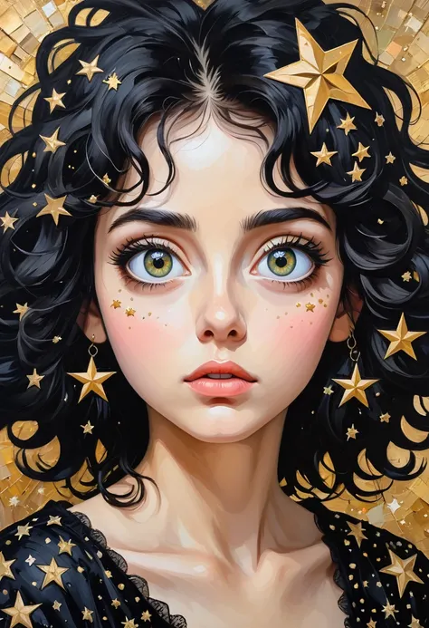 Medium image, collage oil painting：Portrait of a young woman，eye details，Big eyes with stars in them.，black frizzy hair，There&#39;s a flower on my shoulder，princess dress，butterfly in the sky，glow，light blue