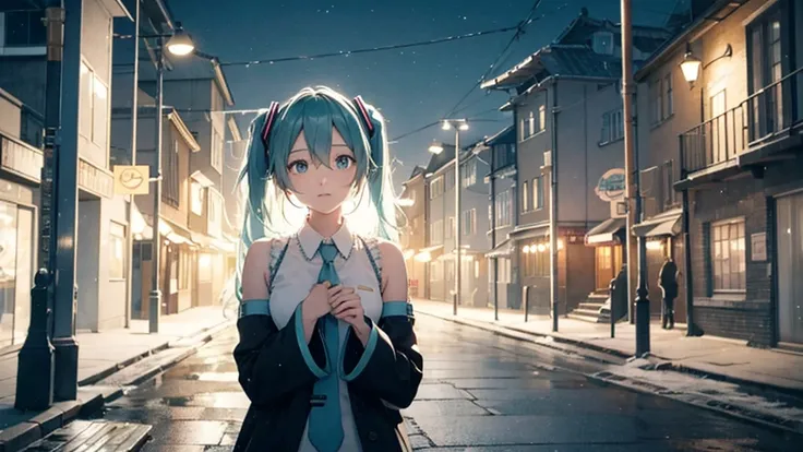 The scene shows Hatsune Miku standing on an old cobblestone street in the center of a Nordic town.、The silence of the night and the old architecture around her accentuate her sense of solitude.。The soft light of the street lamp illuminates her face.、It ref...