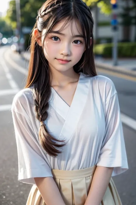 ((Cute 15 year old Japanese))、on the road、Highly detailed face、Pay attention to the details、double eyelid、Beautiful thin nose、Sharp focus:1.2、Beautiful woman:1.4、Cute Hairstyles、Pure white skin、Highest quality、masterpiece、Ultra-high resolution、(Realistic:1...