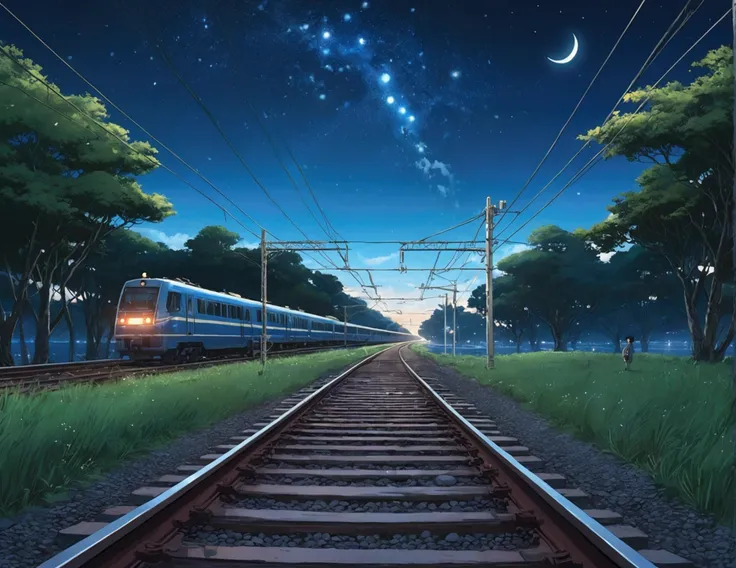 High quality masterpiece ，landscape，Anime train passing through bodies of water on the tracks， bright starry sky。Romantic Train，Pissive，Concept-Art，lofi art style，Reflectors。 By Makoto Shinkai, Art Lofi, beautiful anime scenes, landscapes de anime, detaile...