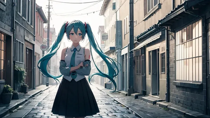 The scene shows Hatsune Miku standing on an old cobblestone street in the center of a Nordic town.、The silence of the night and the old architecture around her accentuate her sense of solitude.。The soft light of the street lamp illuminates her face.、It ref...