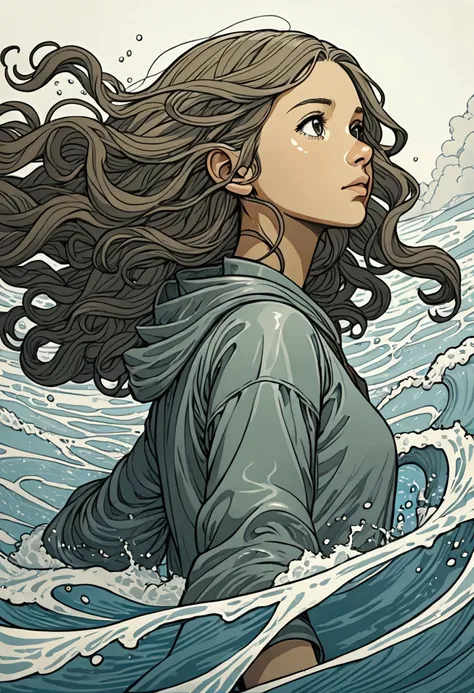 ((Inspired by John Kenn Mortensen)), Low Angle Shot, Looking from the bottom up, absurd, high resolution, Extremely detailed, (1 Girl:1.3), Hand Painted, Simple lines, Standing in the water, Flowing hair