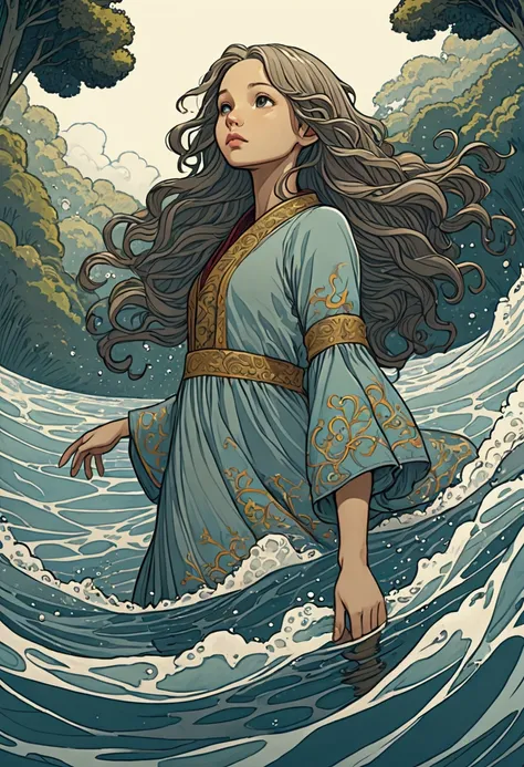 ((Inspired by John Kenn Mortensen)), Low Angle Shot, Looking from the bottom up, absurd, high resolution, Extremely detailed, (1 Girl:1.3), Hand Painted, Simple lines, Standing in the water, Flowing hair