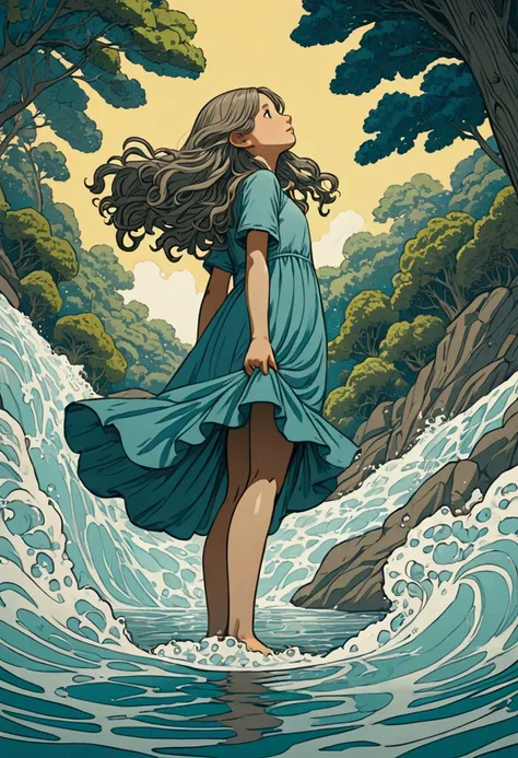 ((Inspired by John Kenn Mortensen)), Low Angle Shot, Looking from the bottom up, absurd, high resolution, Extremely detailed, (1 Girl:1.3), Hand Painted, Simple lines, Standing in the water, Flowing hair