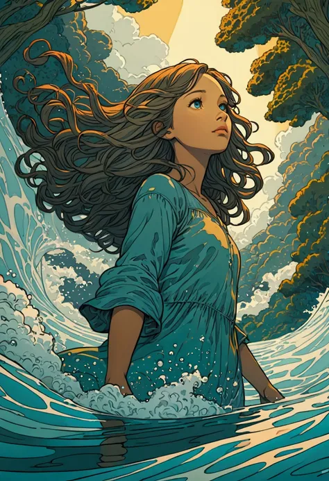 ((Inspired by John Kenn Mortensen)), Low Angle Shot, Looking from the bottom up, absurd, high resolution, Extremely detailed, (1 Girl:1.3), Hand Painted, Simple lines, Standing in the water, Flowing hair