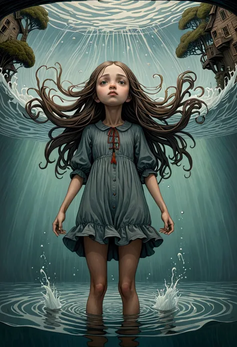 ((Inspired by John Kenn Mortensen)), Low Angle Shot, Looking from the bottom up, absurd, high resolution, Extremely detailed, (1 Girl:1.3), Hand Painted, Simple lines, Standing in the water, Flowing hair