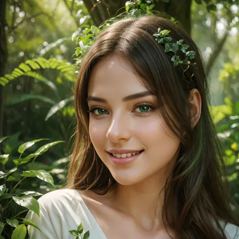 a beautiful girl with a bright smile, detailed facial features, long eyelashes, soft skin, bright eyes, delicate nose, lush lips, perfect proportions, in a serene outdoor garden setting, vibrant green foliage, sunlight filtering through the trees, magical ...