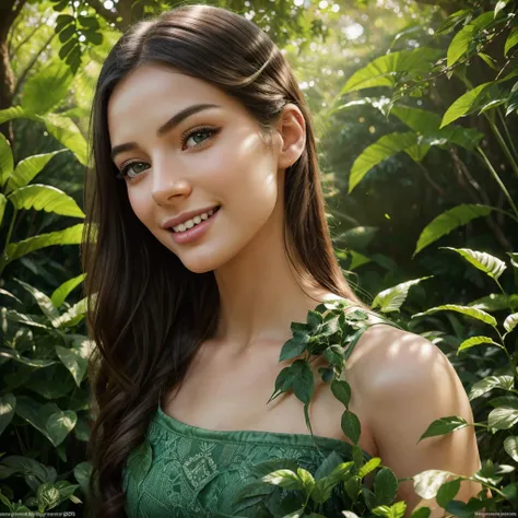 a beautiful girl with a bright smile, detailed facial features, long eyelashes, soft skin, bright eyes, delicate nose, lush lips, perfect proportions, in a serene outdoor garden setting, vibrant green foliage, sunlight filtering through the trees, magical ...