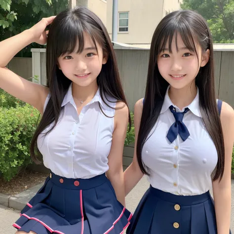 (high quality)、(High resolution)、Two junior high school students、Look at me with a smile、whole body、Big Breasts、Sleeveless shirt with buttons and collar、Tight mini skirt、(Erect nipples:1.1)