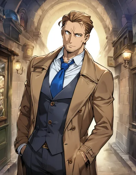 1man, veteran mature detective, muscular, boned nose, wavy slicked back spiked hair, yellow_brown hair, BREAK shihaku, brown eyes, dandy, virile, stubble, square shaped, large eyes, ugly, rough skin, facial wrinkles, ideal ratio body proportions, ordinaly,...