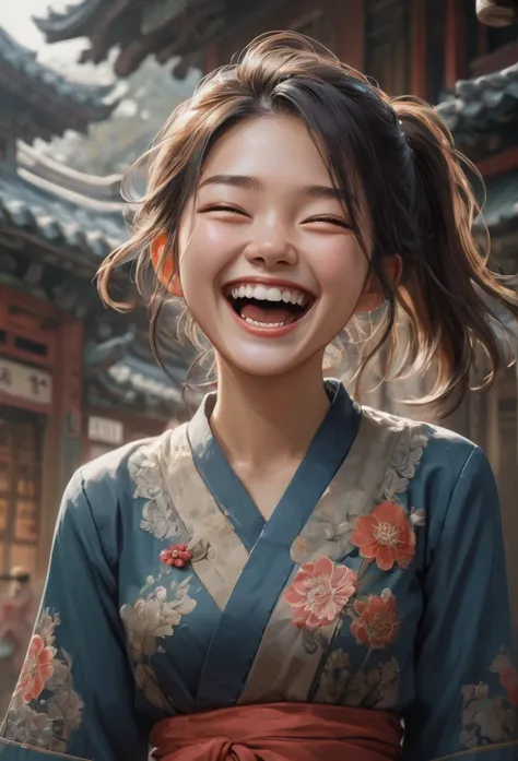 1girl, Laughing, by Lee Jae, intricate, (best quality, masterpiece, Representative work, official art, Professional, unity 8k wallpaper:1.3)