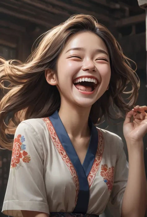 1girl, Laughing, by Lee Jae, intricate, (best quality, masterpiece, Representative work, official art, Professional, unity 8k wallpaper:1.3)