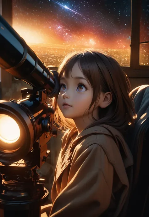 a 6 year old girl sitting near her window with a telescope at night, looking up at the glowing and extra bright star in the dark sky, detailed face and eyes, beautiful eyelashes, detailed clothing, intricate background, warm lighting, vibrant colors, cinem...