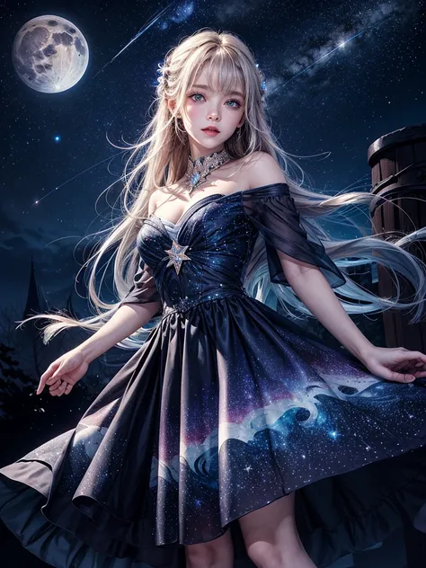 a beautiful girl: glow hair, blue eyes (0.9), dress with super beautiful crystals, ,bandages,breasts,city lights,constellation,crescent moon,earth (planet),fireworks,full moon,galaxy,light particles,long hair,milky way,moon,moonlight,night,night sky,planet...