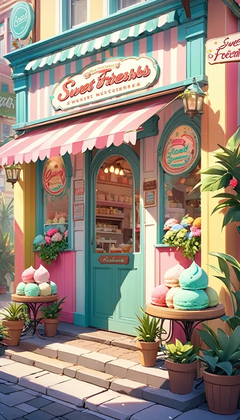 Image of a colorful and cozy ice cream parlor, with an attractive sign that says "Sweet Freshness". The façade must be welcoming, with details such as plants and a friendly entrance.