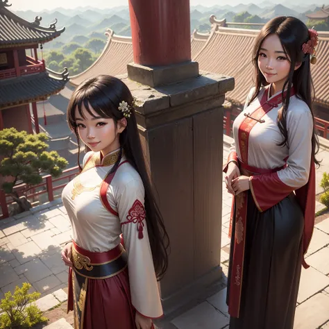 A beautiful, realistic young woman smiles, modestly dressed, standing in an ancient Chinese temple. Wide view overlooking the landscape.