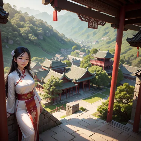 A beautiful, realistic young woman smiles, modestly dressed, standing in an ancient Chinese temple. Wide view overlooking the landscape.