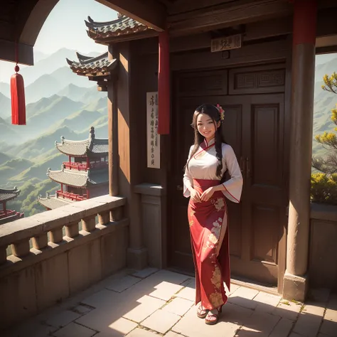 A beautiful, realistic young woman smiles, modestly dressed, standing in an ancient Chinese temple. Wide view overlooking the landscape.