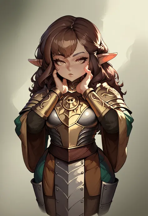 Shortstack, gnome fantasy race, elf like ears, Dark brown styled up hair, wearing fully suited plate armor except, accurate medieval armor, full upper body portrait, voluptuous body, Girl facing viewer, light brown eyes, dark brown hair, good hands, intric...