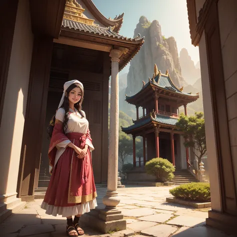 A beautiful, realistic young woman smiles, modestly dressed, standing in a temple, with a wide view of the scenery.