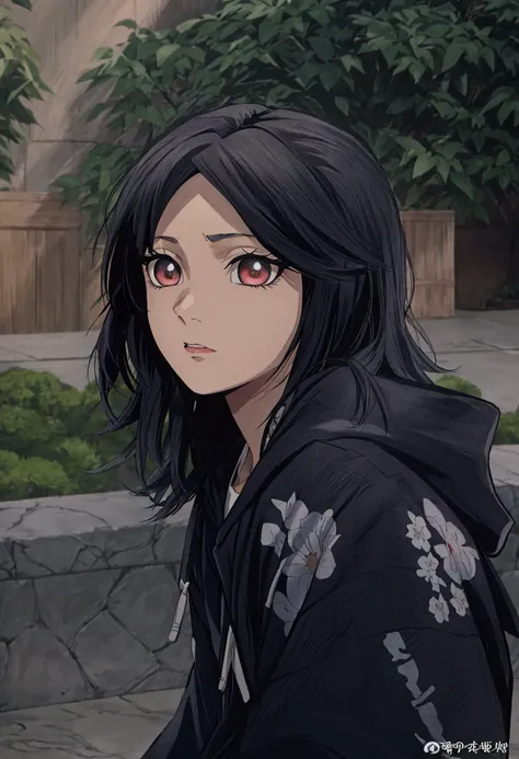 demon slayer style, a close up of a person with a black jacket and a flowered hoodie, shoulder-length black hair, black hime cut hair, young cute wan asian face, black haired girl wearing hoodie, shoulder length black hair, ulzzang, korean girl, with short...