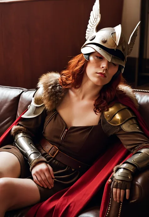 score_9, score_7_up, lap pillow, lying, sitting, sofa,
maleniadef, armor, cape, winged helmet, brown dress, red hair, covered ey...