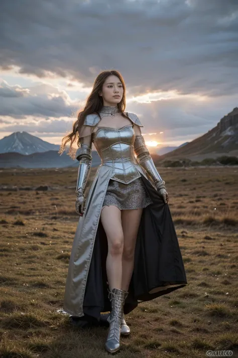 portrait of a female knight in medieval metal armor, sunset, dramatic clouds, elegant atmosphere, extremely detailed, hyper real...