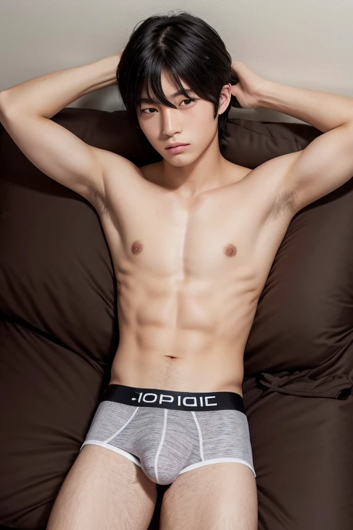 Textured skin, 
Japanese high school boy with black hair and double eyelids in briefs
