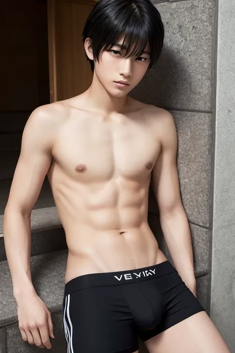 Textured skin, 
Japanese high school boy with black hair and double eyelids in briefs
