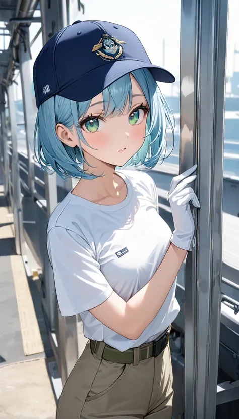 Highest quality、Light blue hair、Short Bob、Deep green eyes、Small breasts,25 years old,White T-shirt,Khaki work trousers,white work gloves,Navy blue baseball cap