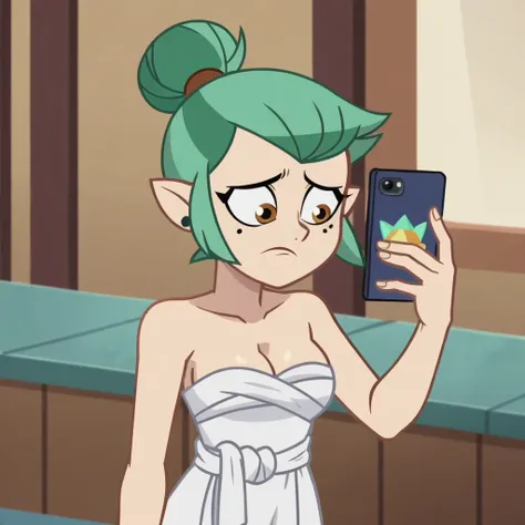 score_9, (rating_safe), odalia blight, hair bun, wrapped in towel, medium breasts, cleavage, woman, green hair, the owl house, screencap, holding phone