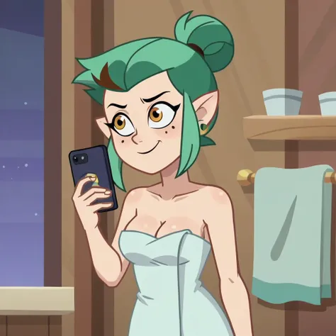 score_9, (rating_safe), odalia blight, hair bun, wrapped in towel, medium breasts, cleavage, woman, green hair, the owl house, screencap, holding phone