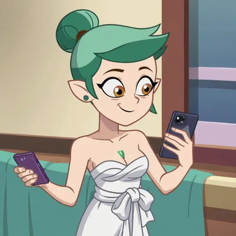 score_9, (rating_safe), odalia blight, hair bun, wrapped in towel, medium breasts, cleavage, woman, green hair, the owl house, screencap, holding phone