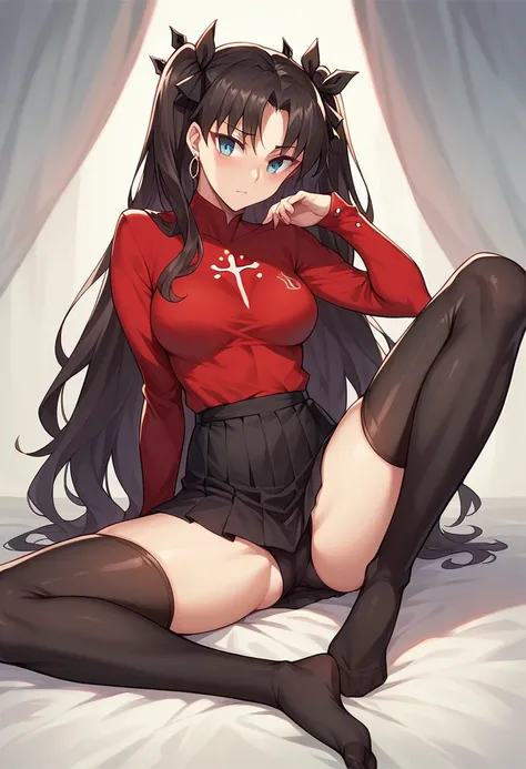 1 girl, Rin Tohsaka, Fate Grand order, red shirt, black skirt, black thigh highs, sitting, spread legs